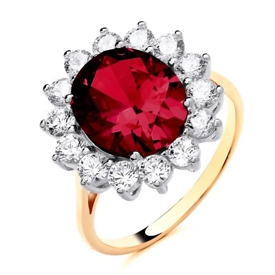 9ct Yellow Gold on Silver simulated RUBY Large Princess Diana Cluster Ring K-V - Image 1 of 4