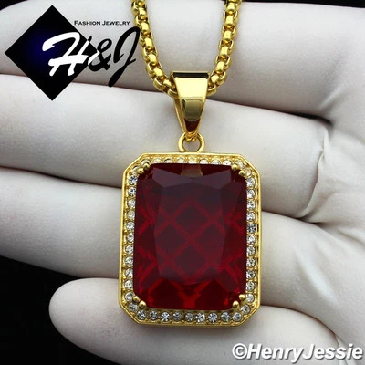 24"MEN Stainless Steel 3mm Gold Plated Box Link Chain Simulated Ruby Pendant*103 - Image 1 of 4