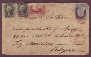 Cubierta de NY a BÉLGICA FRANQUEO DE 3 COLORES Y MARCAS ROJAS de ERA CLÁSICA ¡con CARTA!! - Imagen 1 de 4