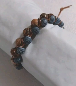 BOHO Bracelet Natural Beads JASPER AGATE COPPER on Brown Leather 7" - Picture 1 of 8