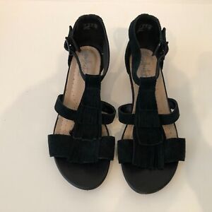 Clarks Collection Black Suede Fringe Low Wedge Cork Heel Sandals Women's Size 5M