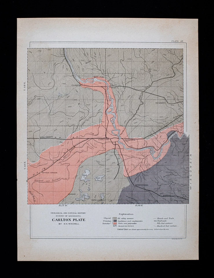 Mapa geológico Winchell Minnesota 1901 condado de Carlton Thompson Otter Creek MN Foto 1 de 3