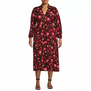 Vestido para mujer Terra & Sky Plus rojo negro floral manga larga talla 3X (24W-26W) - Imagen 1 de 6