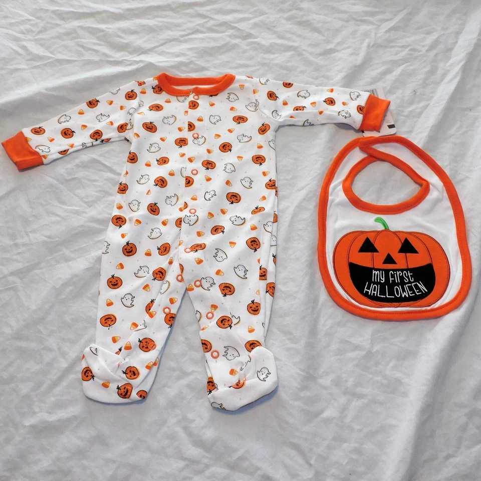 Nuevo Bebé Halloween Talla 3 Meses Pijama y Babero Footies Jack o Linternas Calabaza Foto 1 de 1