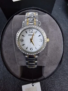 Ladies Crystal Set Citizen Quartz White Mother-of-Pearl Analog Watch - Picture 1 of 8