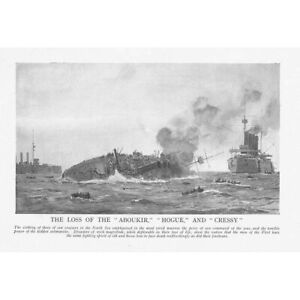 WW1 Loss of the Cruisers, Aboukir, Hogue & Cressy in North Sea - Old Print 1918