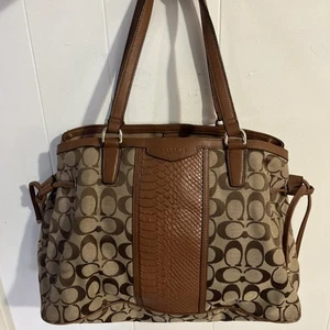 COACH Women s Signature Tote Bag Stripe Snake F29863 Brown - Picture 1 of 8