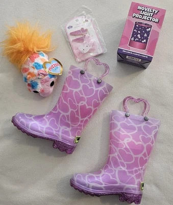 Western Chief Girls Light Up Rain Boots 尺码 7 粉色心形 Hello Kitty 发夹 — 第 1/4 张图片