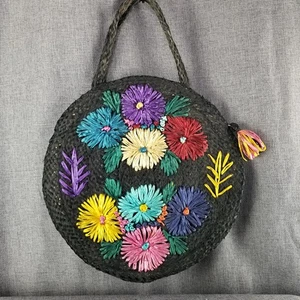 Bolso de Mano Redondo Vintage Años 70 Negro Rafia con Bordado Floral - Cartera Boho Paja - Imagen 1 de 11