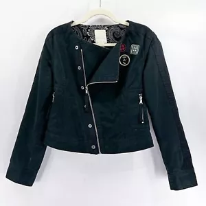 Diesel Women’s Black Cotton Moto Biker Jacket Zip Up Collarless Patches Medium - Picture 1 of 7