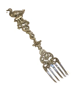 ANTIQUE Dutch 833 Standard SILVER Lg FIGURAL Serving Fork 11"-221g DUCK-SERPENT - Picture 1 of 19