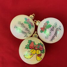 White Glitter Christmas Ball Vintage Ornament W/ Holly Music Design Lot Of 3