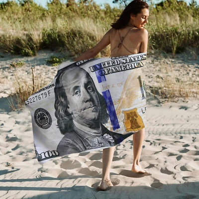 Roupão de banho macio nota de dinheiro 100 dólares 28 x 56 praia piscina banho verão - Imagem 1 de 4