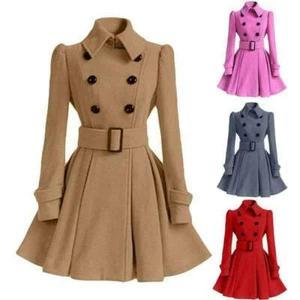 Women Winter Wool Trench Coat Long Jacket Parka Outwear Lapel Belt Slim Overcoat - Picture 1 of 14