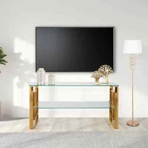 Gold Glass TV Stand 2-Tier Modern Media Console Unit Clear Shelf Frame - Picture 1 of 7