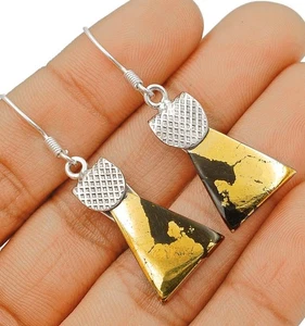 Pendientes de pirita dorada natural en magnetita de plata de ley 925 joyería @B15-2 - Imagen 1 de 1