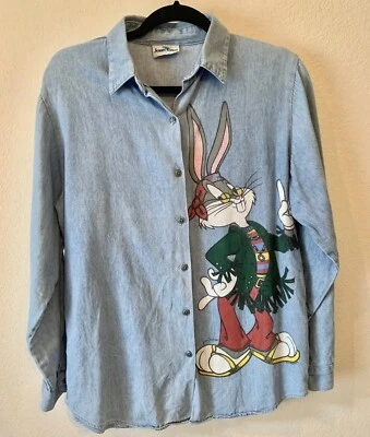 Camisa jeans manga longa JERRY LEIGH vintage insetos coelho hippie paz 2007 pequena - Imagem 1 de 4