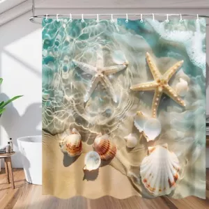Beach Theme Shower Curtain Summer Seaside Starfish Shower Curtains Set with H... - Picture 1 of 6