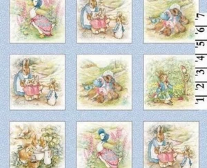 Beatrix Potter Fabric Peter Rabbit Benjamin Bunny 4 inch Quilt blocks Baby Blue - Picture 1 of 1