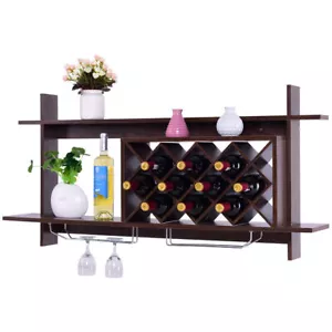 Wall Mount Wine Rack Organizer With Glass Holder & Storage Shelf Home Decor - Picture 1 of 9