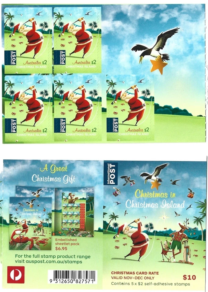 Folleto de 10 dólares de Christmas Island Santa Playing Golf 2017 5 x 2 estampillas peladas y pegadas Foto 1 de 1