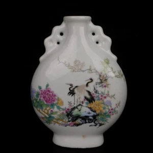 Collectible China Powder enamel porcelain pine crane spring pattern flat bottle - Picture 1 of 9