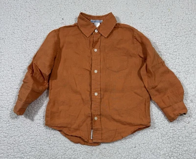 Camisa Janie And Jack Niños Pequeños Lino Abotonada Talla 3 Naranja Preppy Foto 1 de 4