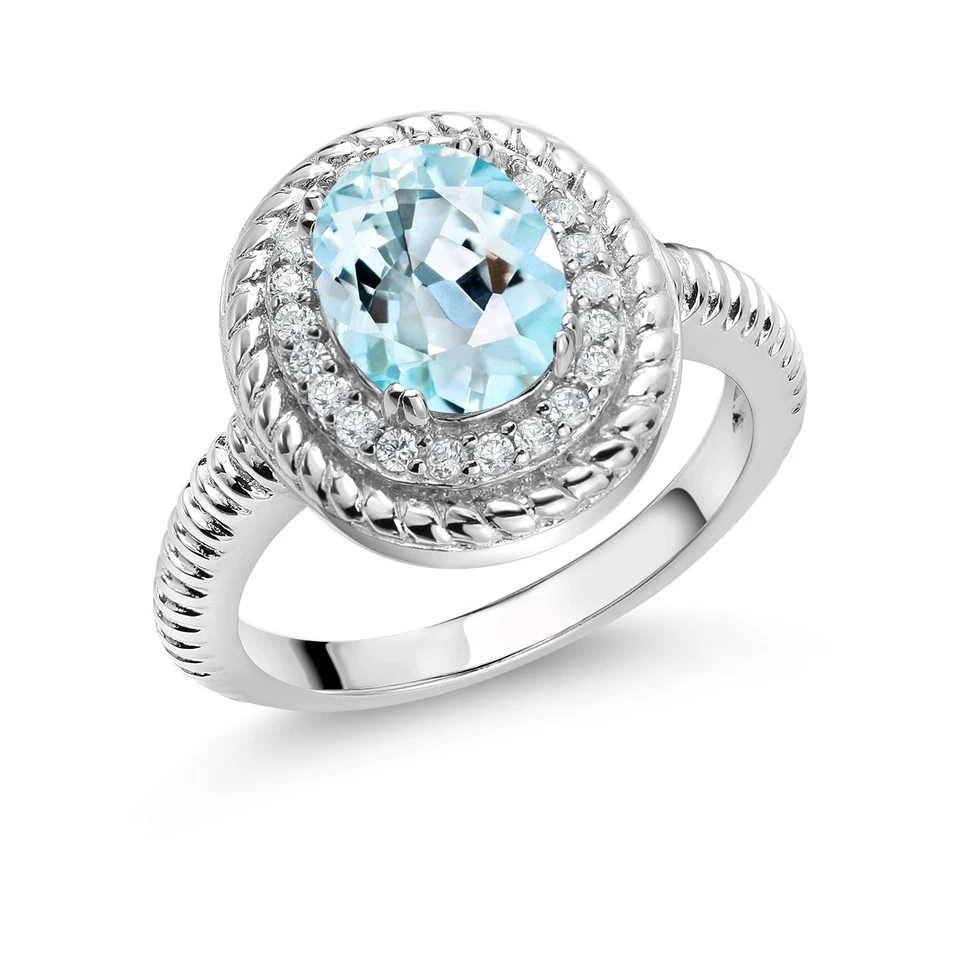 2.26 Ct Oval Sky Blue Topaz 925 Sterling Silver Halo Engagement Ring Foto 1 de 1