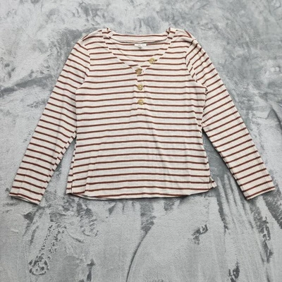 Camiseta informal Maurices Top Mujer XXL Marrón Crema Rayas Heartland Henley Botón Foto 1 de 4