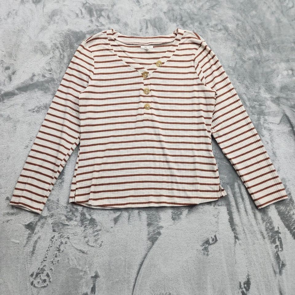 Camiseta informal Maurices Top Mujer XXL Marrón Crema Rayas Heartland Henley Botón Foto 1 de 4