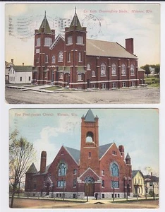 WAUSAU WISCONSIN 2 VISTAS DE IGLESIA PRESBITERIANA Y LUTERANA USADA 1909 - Imagen 1 de 2