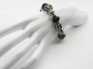 Schwarz Weiß Kunst Glas Kristall Silberfarben Stretch Armband Vintage - Bild 1 von 5