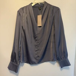 NWT Emery Rose Blouse Womens Size M Shiny Silver Gray Satin Top Shirt - Picture 1 of 6