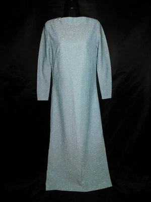Maxi Vestido Vintage Años 60 S Azul Claro Plata Brillante Cuello Barco Abertura Lateral Largo Slv Foto 1 de 4