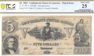 T-37 1861 $5 CONFEDERATE CIVIL WAR PAPER MONEY PCGS VF25 FULLY FRAMED LOW SERIAL - Picture 1 of 5