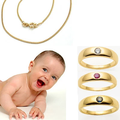 Anillo de bautizo de joyero para niña o niño oro real 333 y cadena plata chapada en oro - Imagen 1 de 3