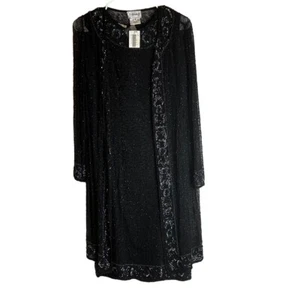 Abito da cocktail vintage Stenay nero seta perline paillettes taglia 6 con giacca nuovo con etichette - Foto 1 di 12
