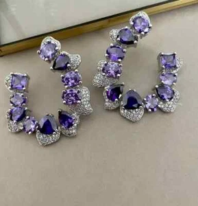 18.30TCW Pear Amethyst & Simulated Sapphire Unique Style Women's Party Earrings - Picture 1 of 8