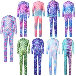 Kids Girls Mermaid Cosplay Costume Gymnastic Mermaid Jumpsuit Mock Neck Gym - Picture 1 of 71