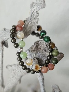 Naturstein DOPPELARMBAND REICHTUM -, GLüCKSSTEINE Citrin, Sonnenstein, Malachit - Bild 1 von 2