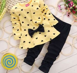 2Pcs Love Bowknot Coat + Pants Set Clothes Cotton Toddler Baby Girl Outfits