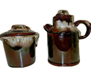Vintage Lugene's Brown Drip Glaze Cream & Sugar Set Made in Japan Lidded 5" Tall - Picture 1 of 9