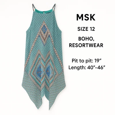 MSK 波西米亚围巾下摆迷笛连衣裙 12 无袖绿松石几何图案度假村 — 第 1/4 张图片
