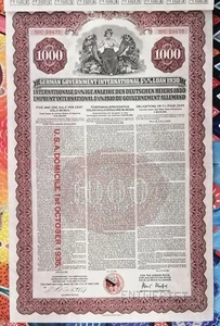 GERMANY Young bond 1000$ 1930 loan 41 coupons, cancelled. USA domicile overprint - Picture 1 of 11