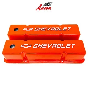 Small Block Chevy Tall ORANGE Valve Covers - Raised Chevrolet Bowtie Logo - Picture 1 of 6