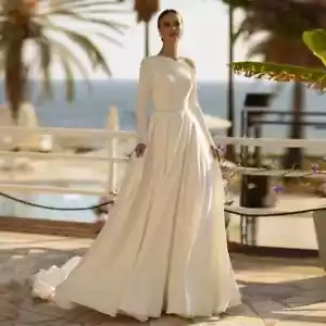 A Line Wedding Dresses Long Sleeves Pearls Sweep Train Bridal Gowns with Pockets - Picture 1 of 7