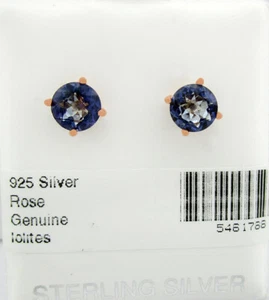 GENUINE 1.84 Cts IOLITE STUD EARRINGS 925 SILVER (ROSE TONE) - New With Tag - Picture 1 of 4