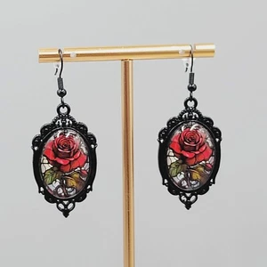 Glass Dome Red Rose Pierced Earrings Oval Dangle Black Enamel 1 5/8" - Picture 1 of 8