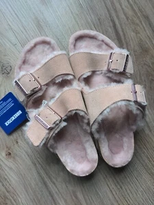 Birkenstock Arizona Fur Shearling Suede Sandals EU 39 Women 8-8.5 Nude Rose - Picture 1 of 14