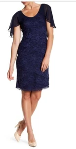 NWT MARINA Tiered Lace Cape Sheath Dress Lined Navy Size 6 - Picture 1 of 3
